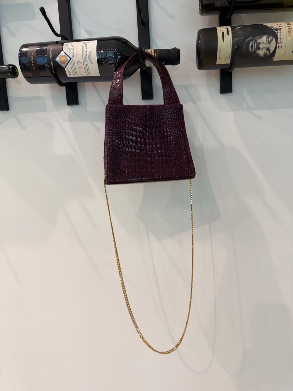 Vintage Mini Croc-Embossed Top-Handle Bag in burgundy red with Gold Chain